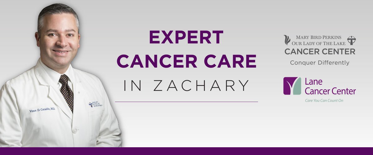 Graphic featuring Dr. Cataldo, medical oncologist at Mary Bird Perkins Cancer Center serving Zachary, LA