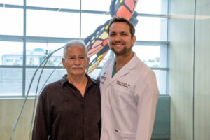 Mark Colwart and his medical oncologist, Janeiro Goffin, M.D., during a recent appointment at Terrebonne General | Mary Bird Perkins Cancer Center
