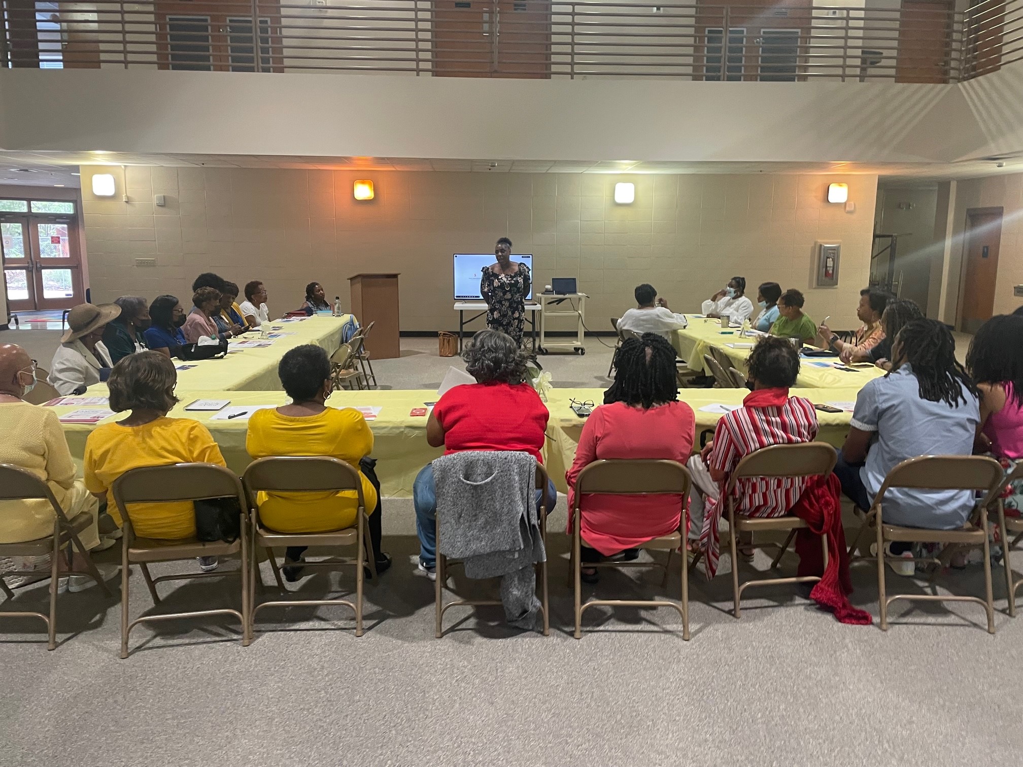 Nicole Honoré speaking at a listening session held across north Baton Rouge in conjunction with The Alliance for Equity in Cancer Care, an initiative funded by Merck Foundation.