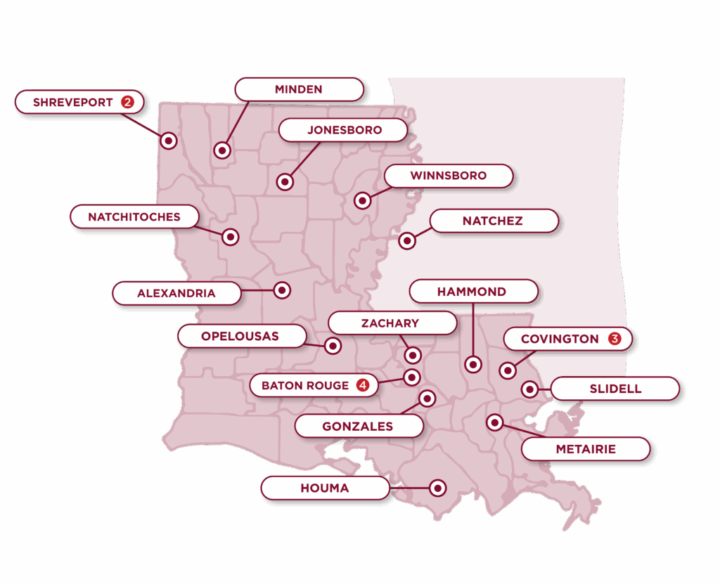 Mary Bird Perkins Cancer Treatment Center/Hospital Map for Louisiana and Southwest Mississippi in July 2025